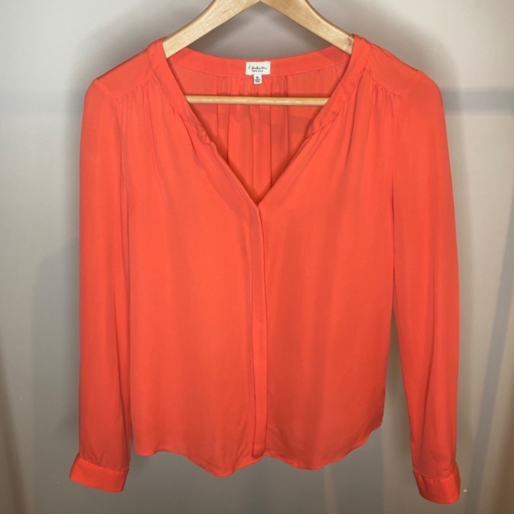 BABATON 100% Silk Coral V-Neck Button Down Long Sleeve Blouse - Picture 3 of 13